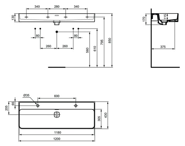 Ideal Standard Strada II - Umyvadlo 1200x430 mm, 2 otvory na baterii, s přepadem, bílá T359501