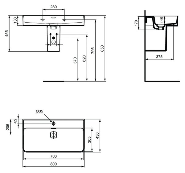 Ideal Standard Strada II - Umyvadlo 800x430 mm, s přepadem, bílá T300101