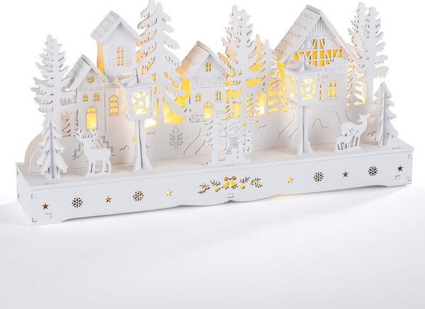 Dřevěná LED dekorace VESNICE bílá délka 30 cm