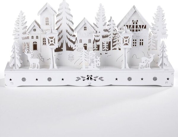 Dřevěná LED dekorace VESNICE bílá délka 30 cm