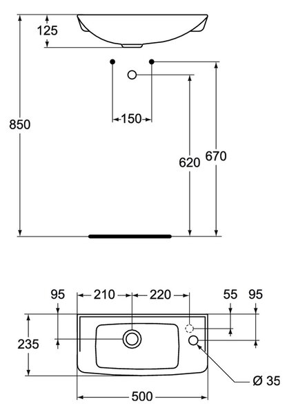 Vima 500 - Umyvátko 500x235 mm, bez přepadu, bílá