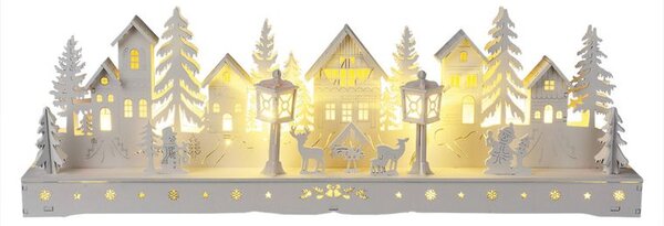 Dřevěná LED dekorace VESNICE bílá délka 45 cm