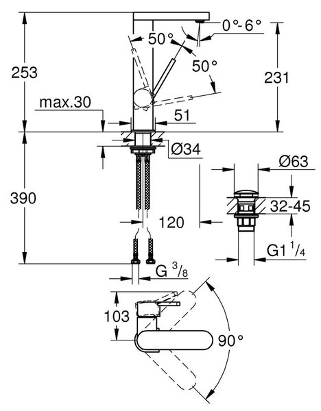 GROHE GROHE Plus - Páková umyvadlová baterie DN15, Velikost L, Chrom 23873003