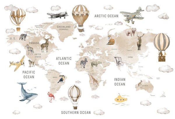 Fototapety Zvířecí atlas v béžové, Fototapety mapy světa, c00001env2 : uwalls.cz