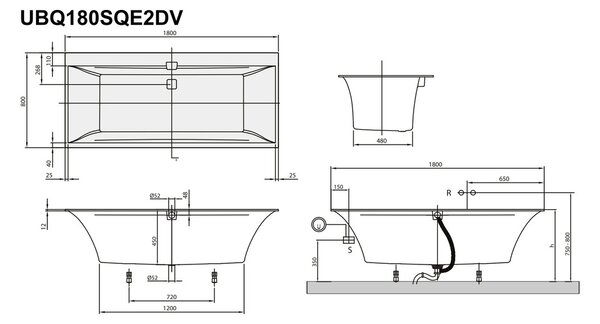 Villeroy & Boch Squaro Edge 12 Duo - Vana 1800x800 mm, alpská bílá UBQ180SQE2DV-01