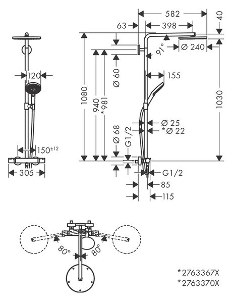 Hansgrohe Raindance Select S Showerpipe 240 1jet PowderRain s termostatem, matná černá 27633670
