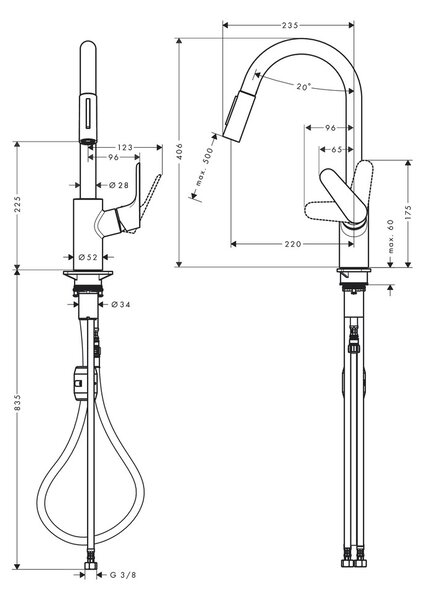 Hansgrohe Focus M41 kuchyňská páková baterie 240, vytahovatelná sprška, 2jet, matná černá 31815670