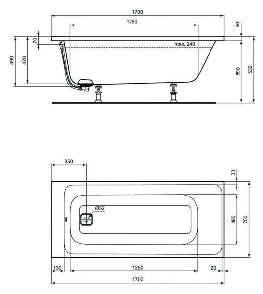 Ideal Standard Tonic II - Vana 1700x750 mm, s přepadem, bílá E397201