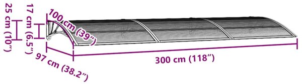 Vchodová stříška šedá 300 x 100 cm polykarbonát 153572