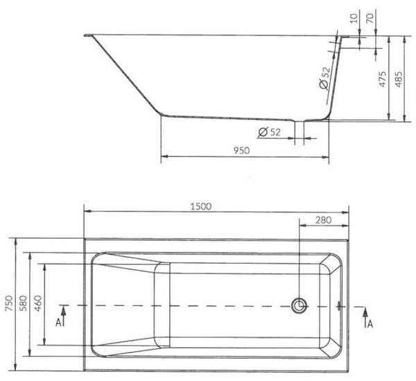 Cersanit Crea Slim akrylátová vana 150x75cm + nožičky, bílá, S301-233