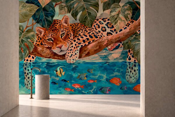 Fototapety Leopard mezi tropickými listy nad vodou s rybou, Fototapety s přírodními motivy, w05954v1 : uwalls.cz