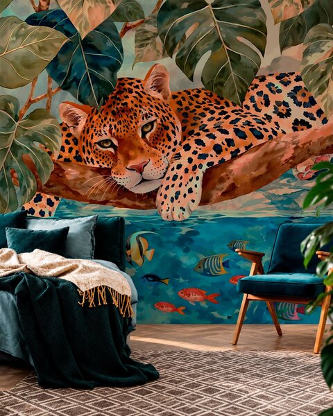 Fototapety Leopard mezi tropickými listy nad vodou s rybou, Fototapety s přírodními motivy, w05954v1 : uwalls.cz