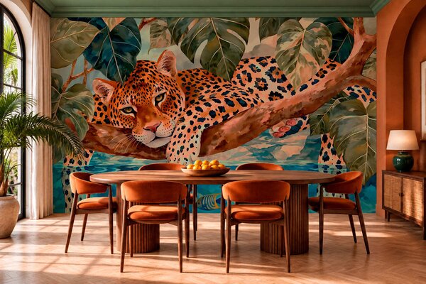 Fototapety Leopard mezi tropickými listy nad vodou s rybou, Fototapety s přírodními motivy, w05954v1 : uwalls.cz