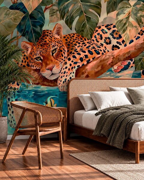 Fototapety Leopard mezi tropickými listy nad vodou s rybou, Fototapety s přírodními motivy, w05954v1 : uwalls.cz
