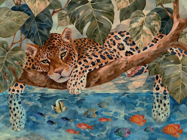 Fototapety Leopard mezi tropickými listy nad vodou s rybou, Fototapety s přírodními motivy, w05954v1 : uwalls.cz