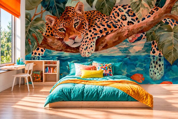 Fototapety Leopard mezi tropickými listy nad vodou s rybou, Fototapety s přírodními motivy, w05954v1 : uwalls.cz