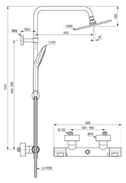 Ideal Standard CeraTherm T100 - Sprchový termostatický systém nástěnný, chrom A7240AA
