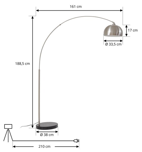 Lindby Obloukové svítidlo Hernando, nikl, ocel, výška 188 cm, Hliník / šedá / zinek, Obývací pokoj / jídelna, kov, Moderní