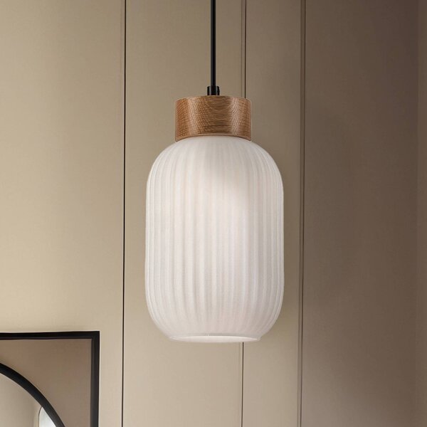 Lamkur Závěsné světlo Harmony, Ø 14 cm, bílá/dub, sklo/dřevo, stmívatelný, Bílá / opál, Obývací pokoj / jídelna, Sklo, Skandinávský