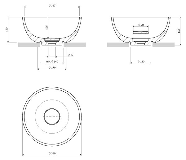 Omnires Shell M+ umyvadlo 35x35 cm kulatý na pult bílá lesk SHELL350UNBP