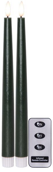 LED svíčka Flamme Slim Green 28 cm – set 2 ks + dálkový ovladač