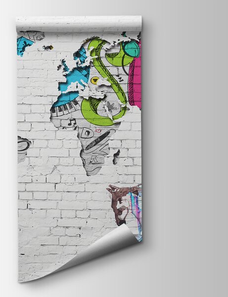 Fototapeta Mapa světa namalovaná na cihlové zdi, Fototapeta s mapou světa, Populární fototapety, u01805 - Tapeko.co.cz