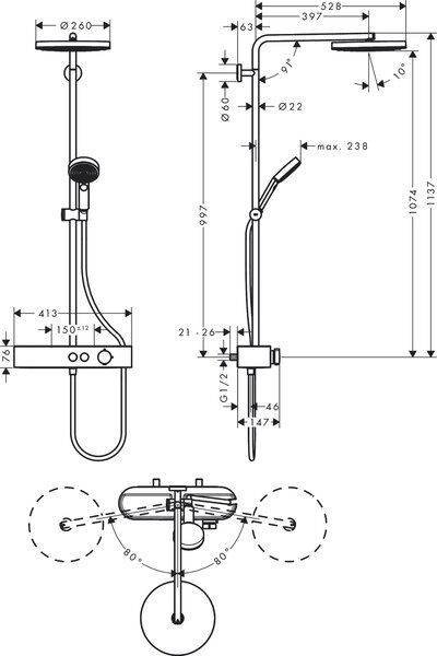 Hansgrohe Pulsify S Showerpipe 260 1jet se ShowerTablet Select 400, chrom 24220000