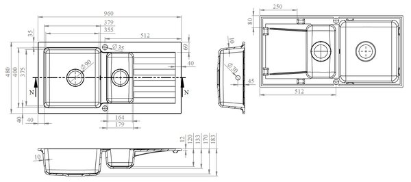 Vima 920 - Granitový dřez 960x480x183mm 1,5-sektoru s odkapávací plochou, tmavý grafit matný