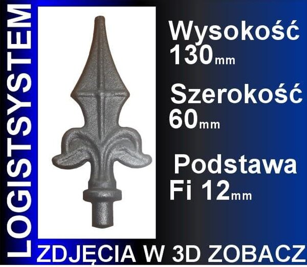 LogistSystem 1 ks ozdobná kovová špička – 130 x 60 mm (V x Š) / základna: ∅ 12, dekorace na plot 40.052