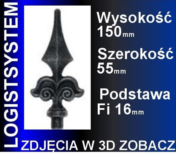 LogistSystem 1 ks ozdobná kovová špička – 150 x 55 mm (V x Š) / základna: ∅ 16, dekorace na plot 40.002