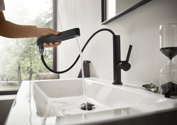 Hansgrohe Finoris Páková umyvadlová baterie 230 s vytažitelnou sprškou, 2jet a odtokovou soupravou Push-Open, matná černá 76063670