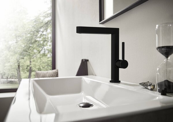Hansgrohe Finoris Páková umyvadlová baterie 230 s otočným výtokem a odtokovou soupravou Push-Open, matná černá 76060670