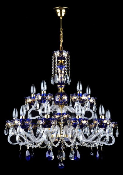 DBK GLASS 15-ti ramenný tmavě modrý křišťálový lustr zdobený zlatou malbou a inkoustově modrými mandlemi 1653-10+5-RF-blue-almonds