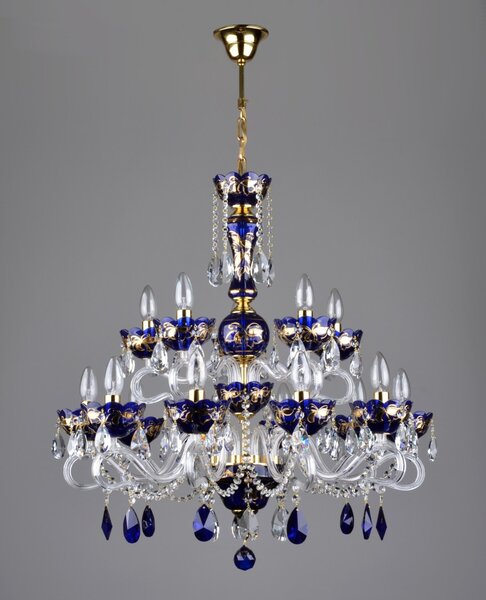 DBK GLASS 15-ti ramenný tmavě modrý křišťálový lustr zdobený zlatou malbou a inkoustově modrými mandlemi 1653-10+5-RF-blue-almonds