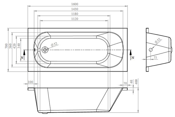 Vima 705 GALAKTA - Vana 1600x700 mm, bílá