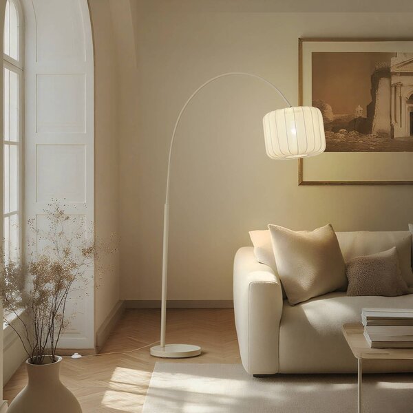 Lindby oblouková lampa Helin, béžová, textil, výška 198,5 cm, Krémová / jantar, Obývací pokoj / jídelna, Textil / tkanina / hedvábí, Moderní