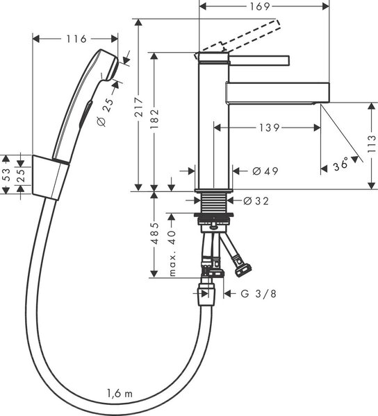 Hansgrohe Finoris Páková umyvadlová baterie 110 s ruční sprchou Bidette a sprchovou hadicí 160 cm, chrom 76210000