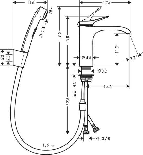 Hansgrohe Vivenis Páková umyvadlová baterie s ruční sprchou Bidette a sprchovou hadicí 160 cm, chrom 75210000