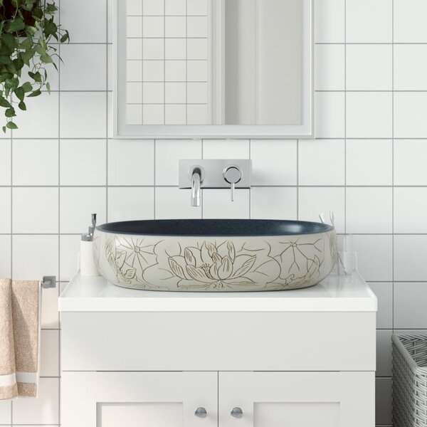 Umyvadlo na desku pískové a modré oválné 59x40x14 cm keramika 155099