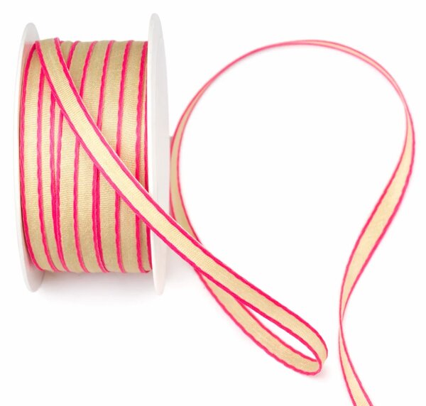 Taftová stuha béžová s neon růžovým lemem Neon Breeze 5mm x 5m ( 2,- Kč/m)