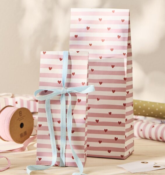 Papírový sáček Red Hearts / Pink Stripes 22,5 cm – set 5 ks