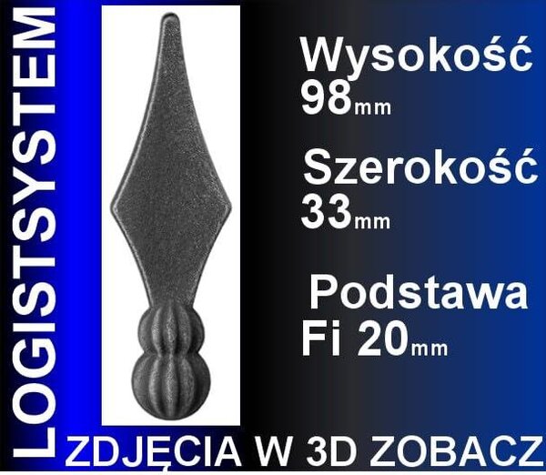 LogistSystem 1 ks ozdobná kovová špička 98 x 33 mm (V x Š) / ∅ 20, dekorace na plot 40.072.01