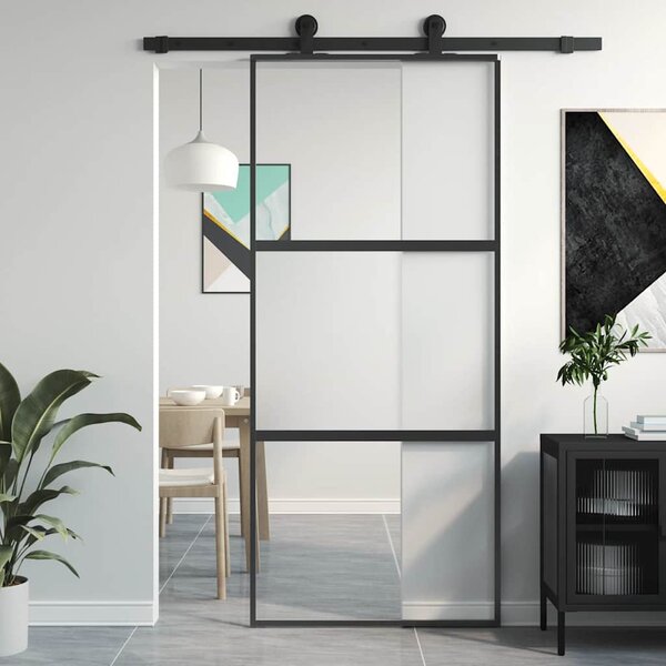 Posuvné dveře černé 90 x 205 cm tvrzené sklo a hliník 155202