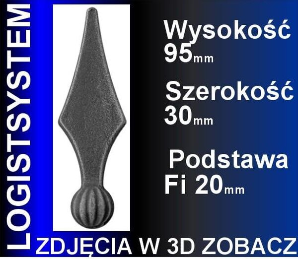 LogistSystem 1 ks ozdobná kovová špička 95 x 30 mm (V x Š) / ∅ 20, dekorace na plot 40.071.01