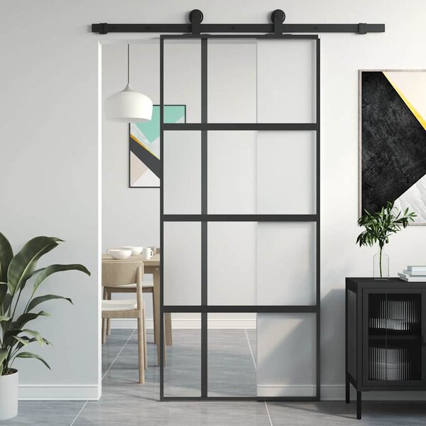 Posuvné dveře černé 90 x 205 cm tvrzené sklo a hliník 155229