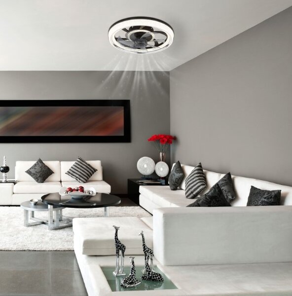 GLOBO 03644 CIRILLA stropní ventilátor se světlem D480mm LED 30W 4000/2700lm 2700-6500K černá, kouřová, křišťálový efekt, časovač, dálkový ovladač