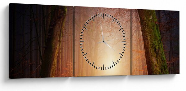 Obraz podzimního lesa v mlze (s hodinami) (90x30 cm)