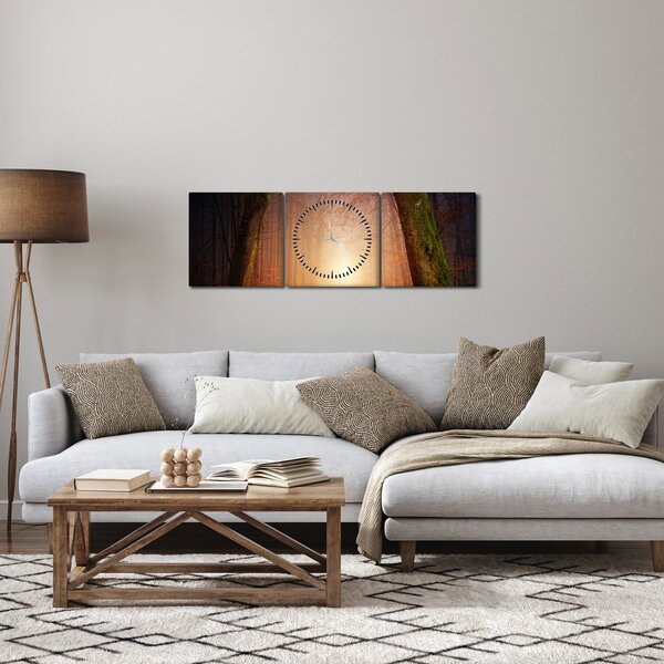 Obraz podzimního lesa v mlze (s hodinami) (90x30 cm)