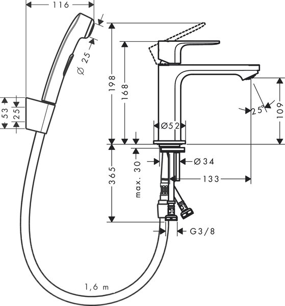 Hansgrohe Rebris S páková umyvadlová baterie 110 s ruční sprchou Bidette a sprchovou hadicí 160 cm bez odtokové soupravy, matná černá 72215670