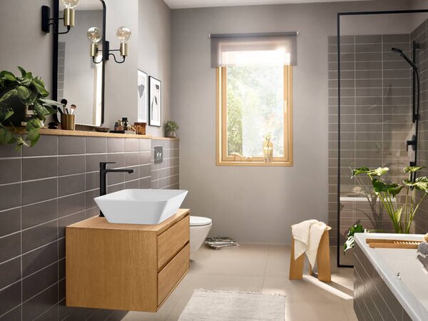 Hansgrohe Rebris E páková umyvadlová baterie 240 CoolStart pro umyvadlové mísy s odtokovou soupravou s táhlem, matná černá 72581670
